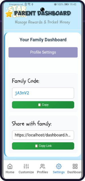 Share family dashboard link from settings